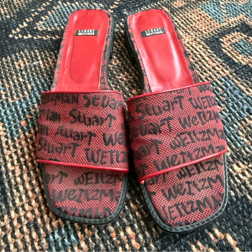 Stuart Weitzman Black and Red Logo Sandals